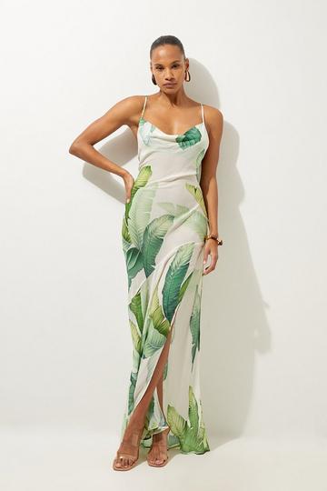 Green Tropical Palm Print Beach Strappy Maxi Dress