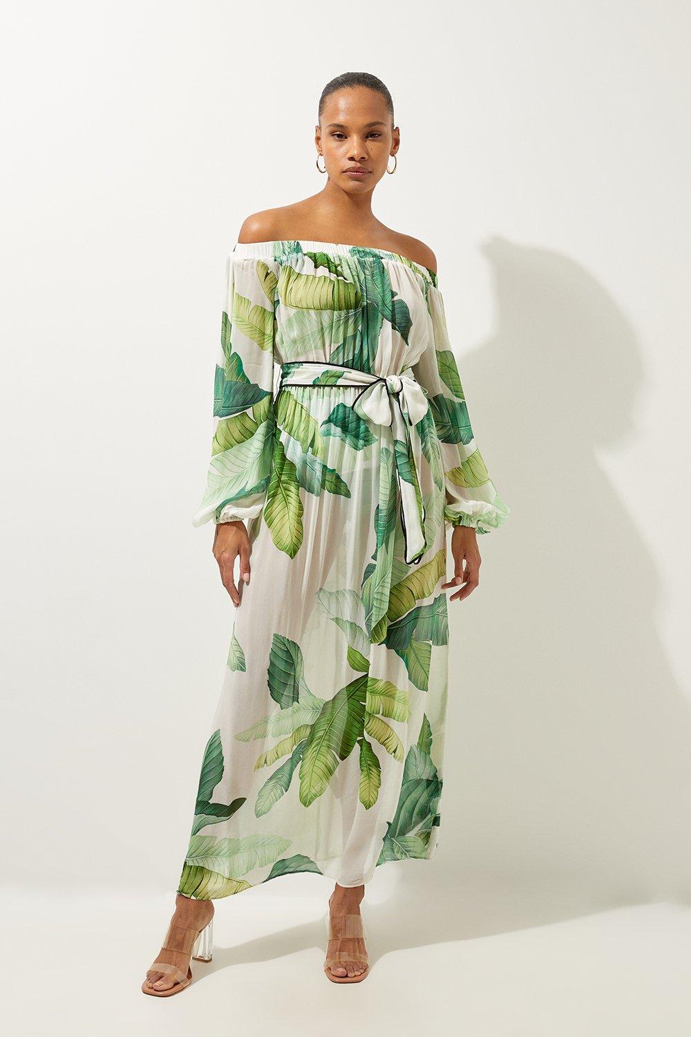 Tropical Palm Print Beach Off The Shoulder Maxi Dress | Karen Millen