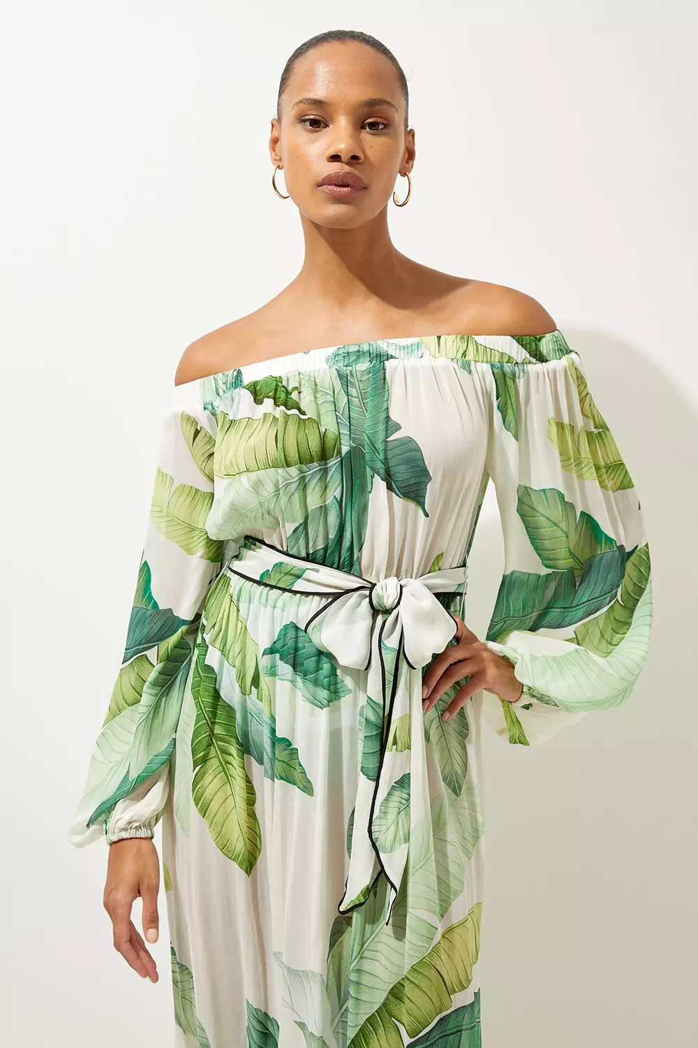 Karen Millen Womens Tropical Palm Print Beach Off The Shoulder Maxi Dress Green Size Xs