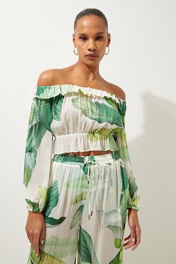Green Tropical Palm Print Off The Shoulder Beach Top