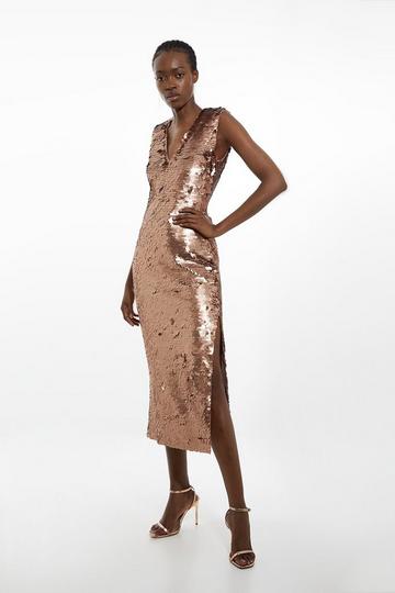 Gold Metallic Sequin Deep Plunge Woven Midi Dress