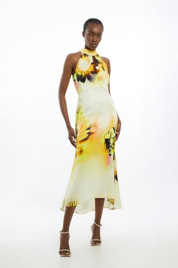 Viscose Satin Tie Dye Floral Halter Maxi Dress floral