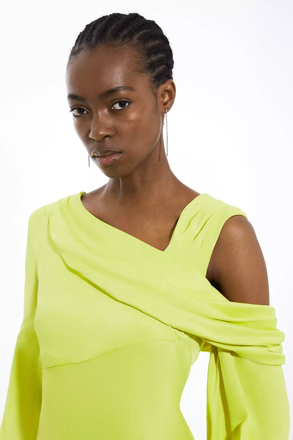 Petite Viscose Satin One Shoulder Draped Midi Dress | Karen