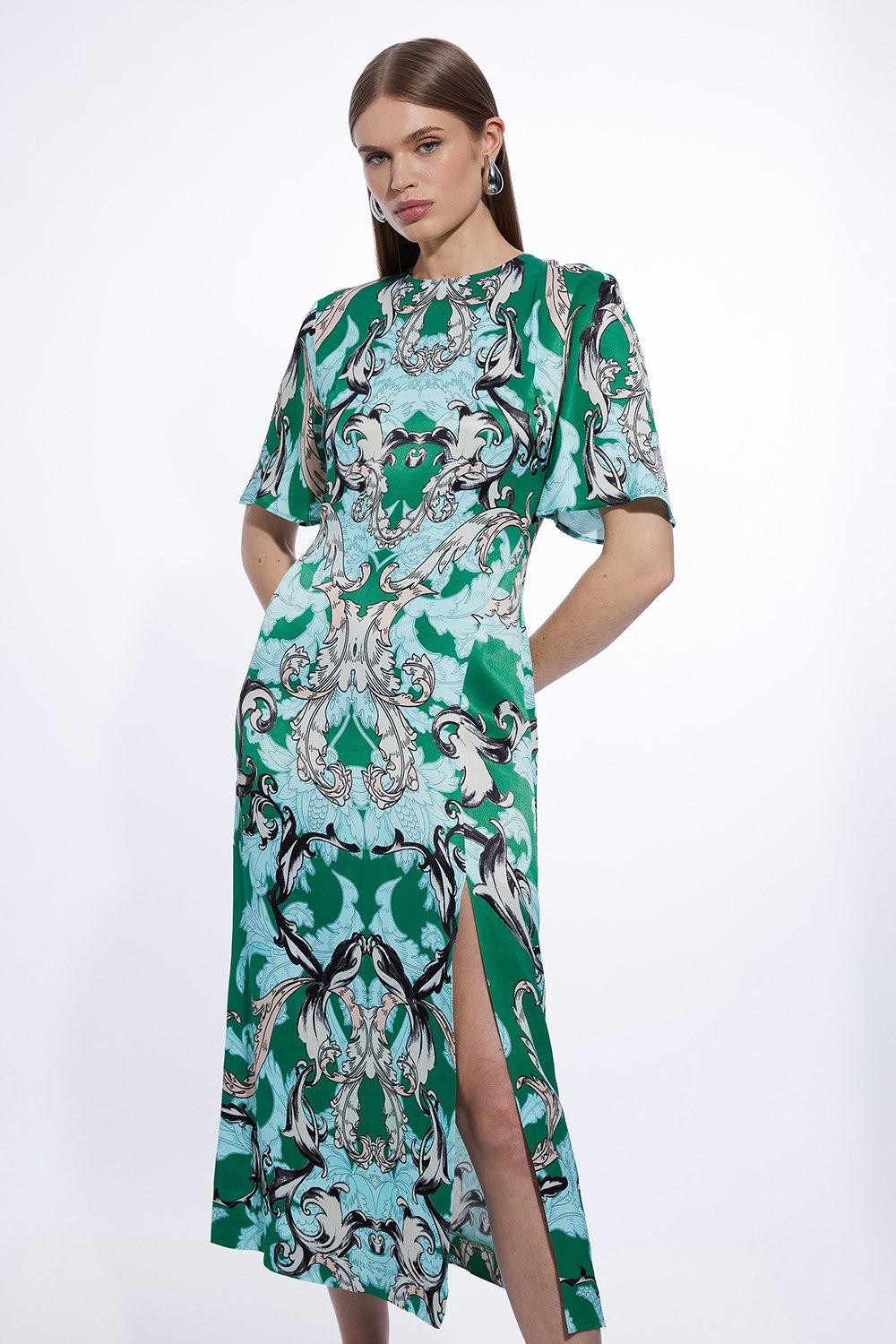 Mirrored Baroque Viscose Short Sleeve Midi Dress | Karen Millen