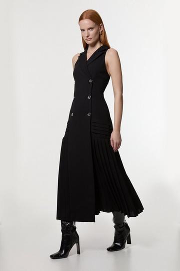 Black Pleated Button Detail Sleeveless Woven Midi Dress