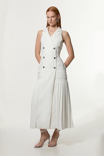 Pleated Button Detail Sleeveless Woven Midi Dress ivory