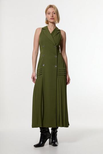 Khaki Pleated Button Detail Sleeveless Woven Midi Dress