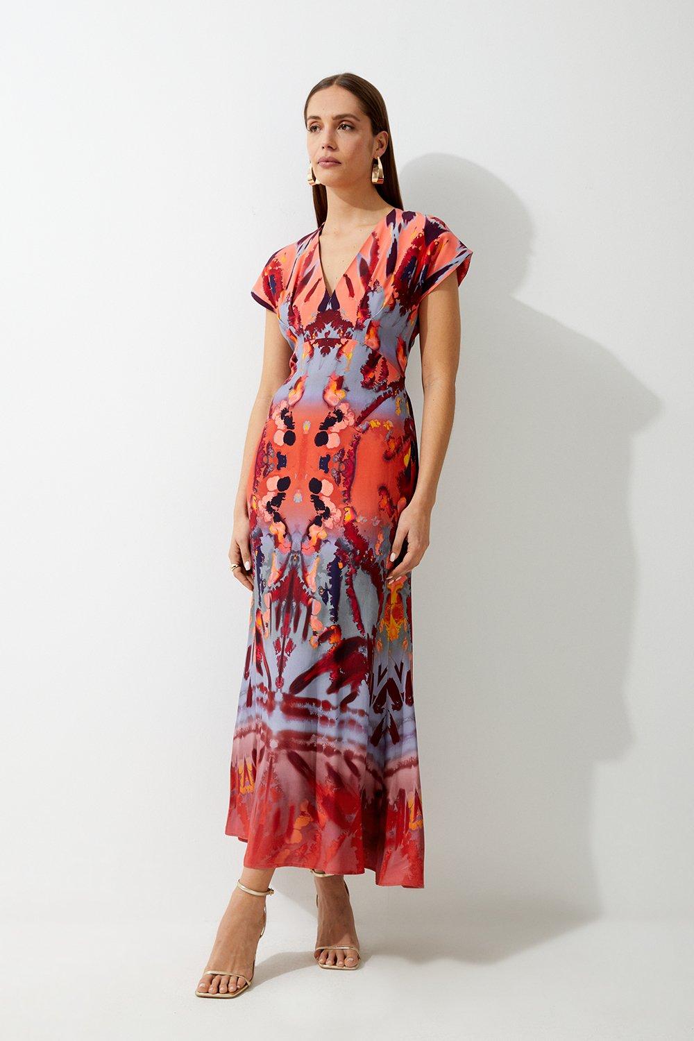 Multi Mirrored Print Satin Crepe Angel Sleeve Woven Maxi Dress