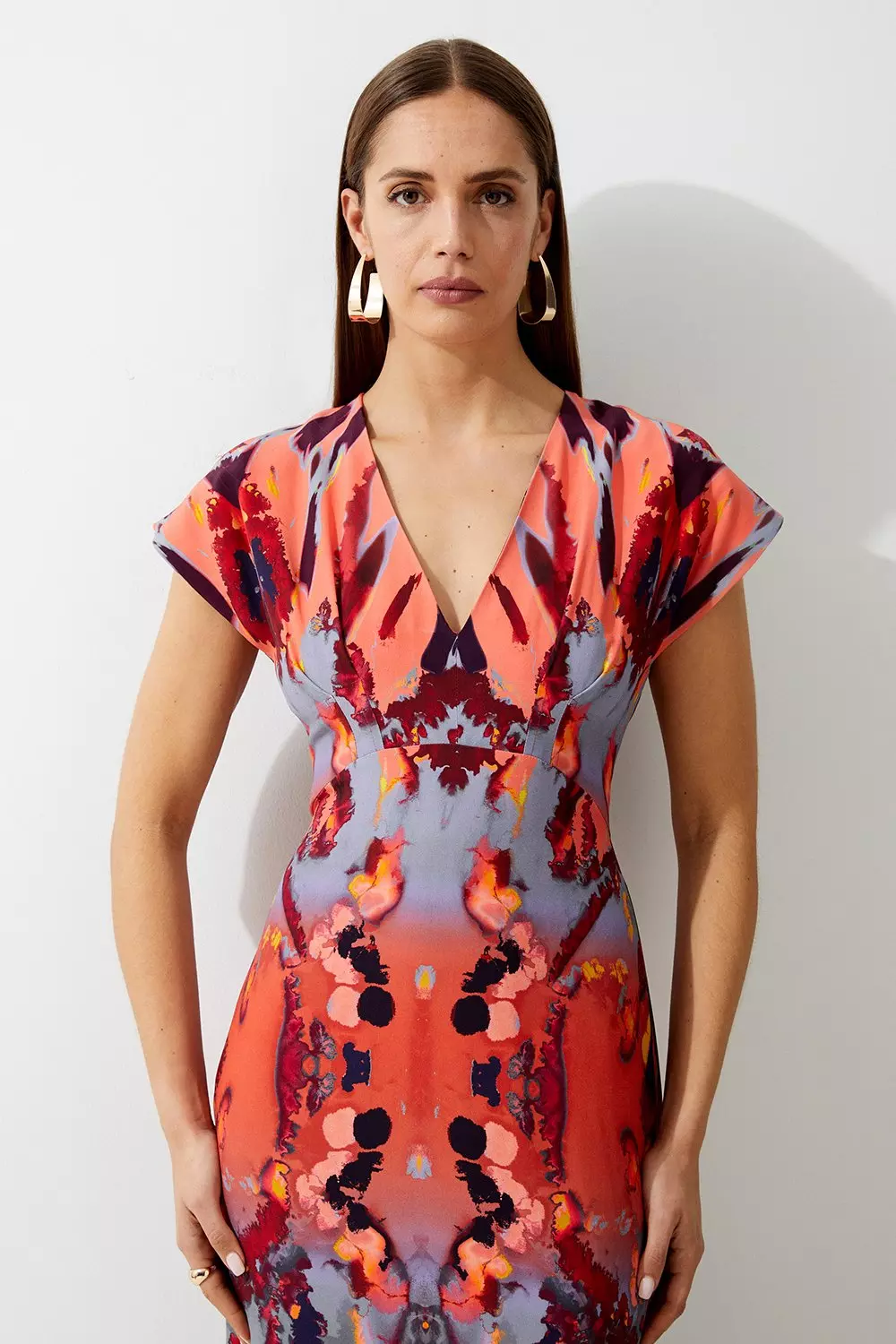 Mirrored Print Satin Crepe Angel Sleeve Woven Maxi Dress | Karen Millen