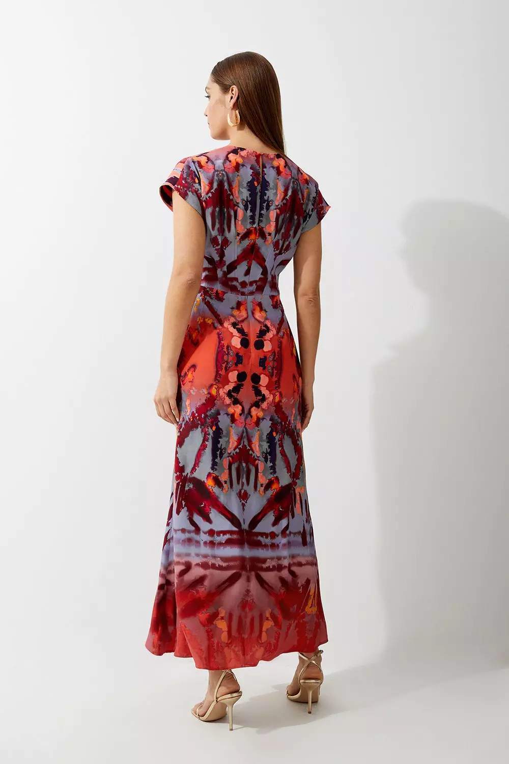 【Karen Millen】ビーズ装飾 クリンクル ストラップ マキシ Mirrored Print Satin Crepe Angel Sleeve Woven Maxi Dress
