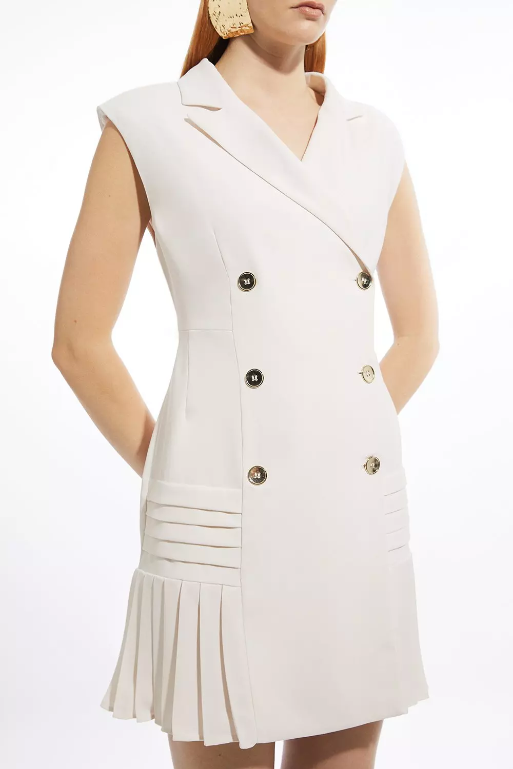 Pleated Button Detail Woven Sleeveless Mini Dress | Karen Millen
