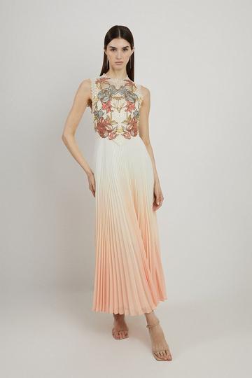 Pink Floral Chemical Lace Ombre with Georgette Skirt Woven Maxi Dress