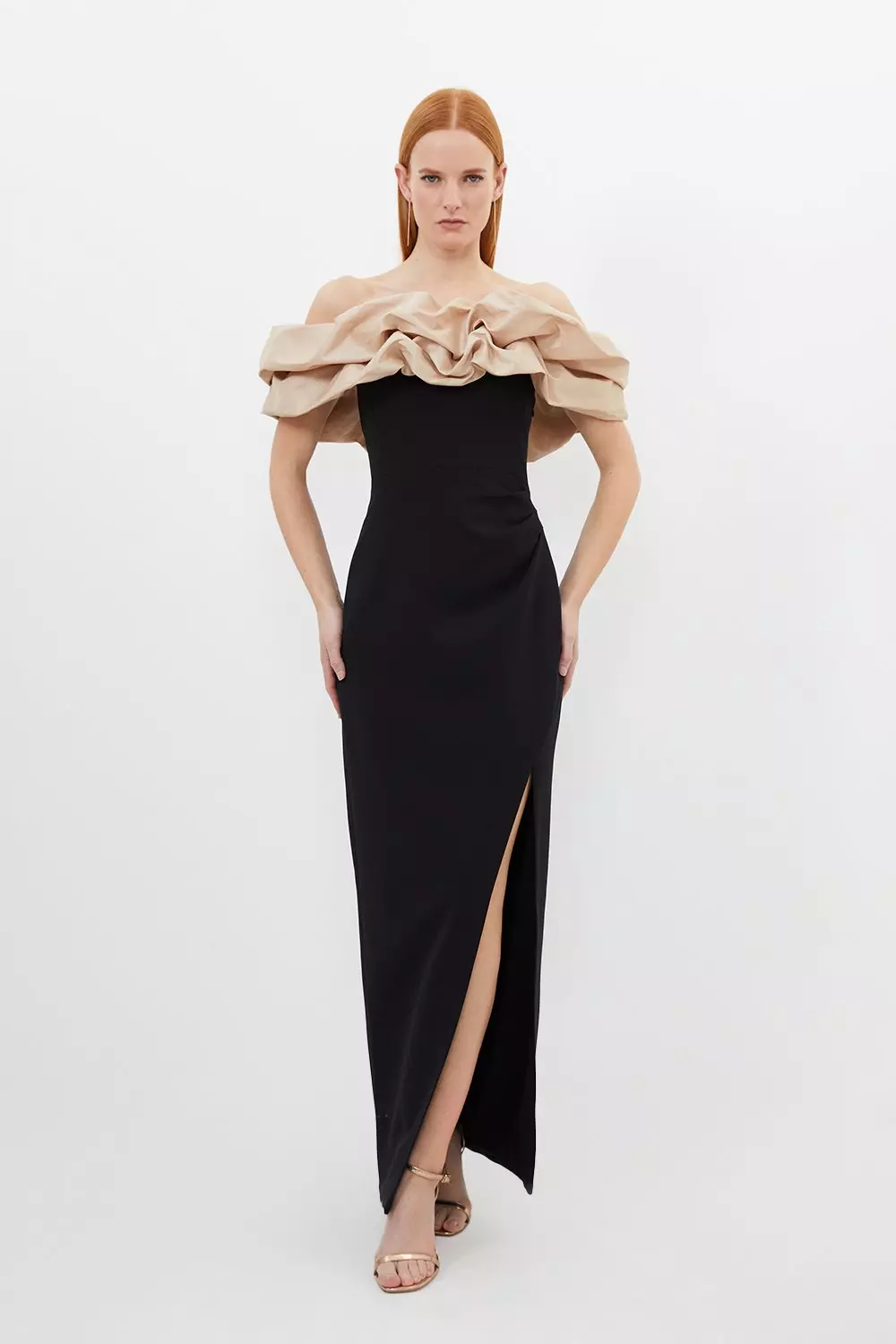 Structured Crepe Taffeta Ruffle Off The Shoulder Maxi Dress Karen Millen