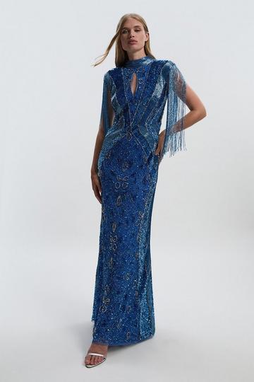 Premium Embellished Tassel Sleeve Woven Maxi Dress blue