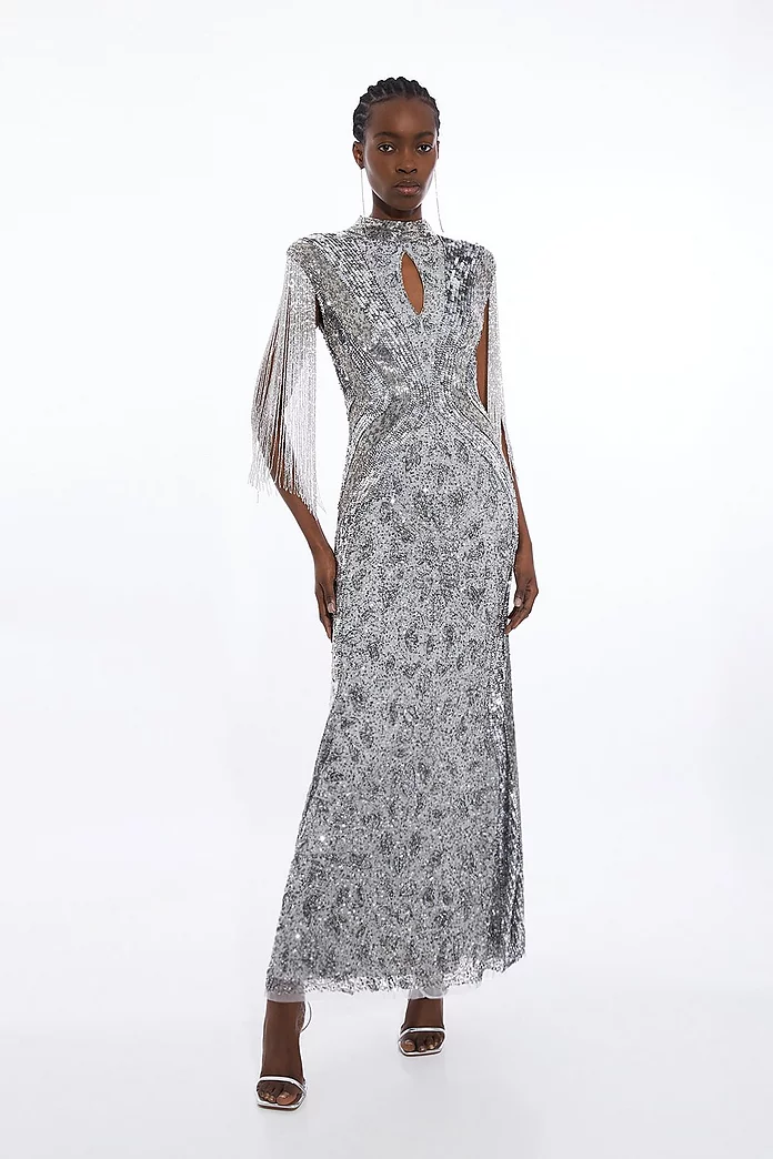 Embellished Beaded Cap Sleeve Woven Maxi Dress | Karen Millen Embellished Beaded Cap Sleeve Woven Maxi Dress | Karen Millen