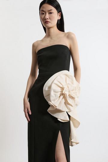 Black Compact Stretch Taffeta Rosette Midi Dress