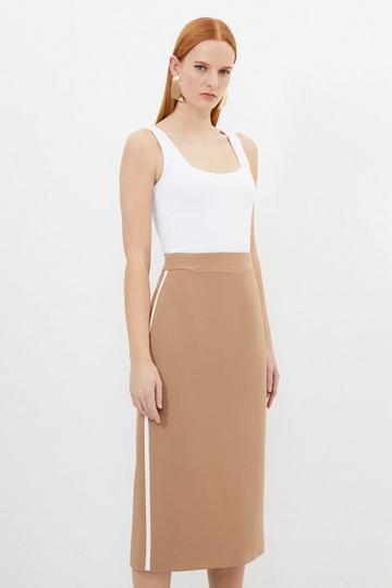 Compact Stretch Contrast Panel Tailored Maxi Pencil Skirt camel