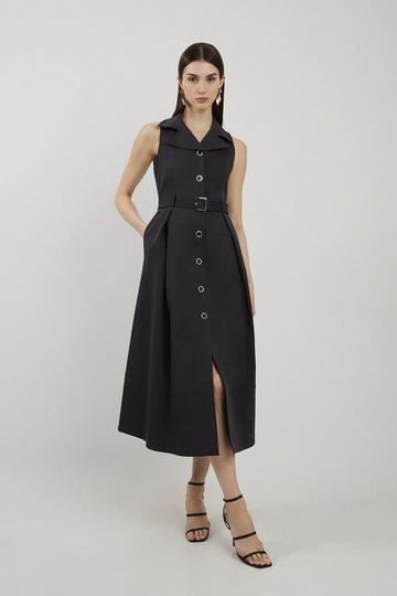 Tailored Cotton Halter Neck Belted Full Skirted Shirt Dress black