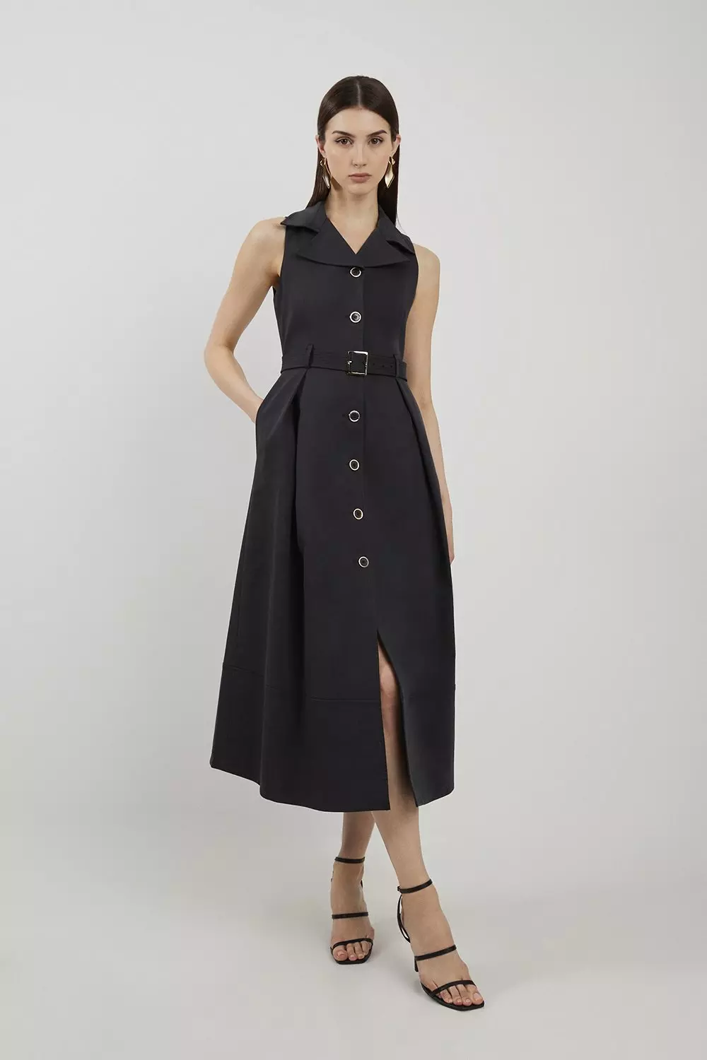 Black Petite Halter Neck Belted Full Skirted Shirt Dress alternative image