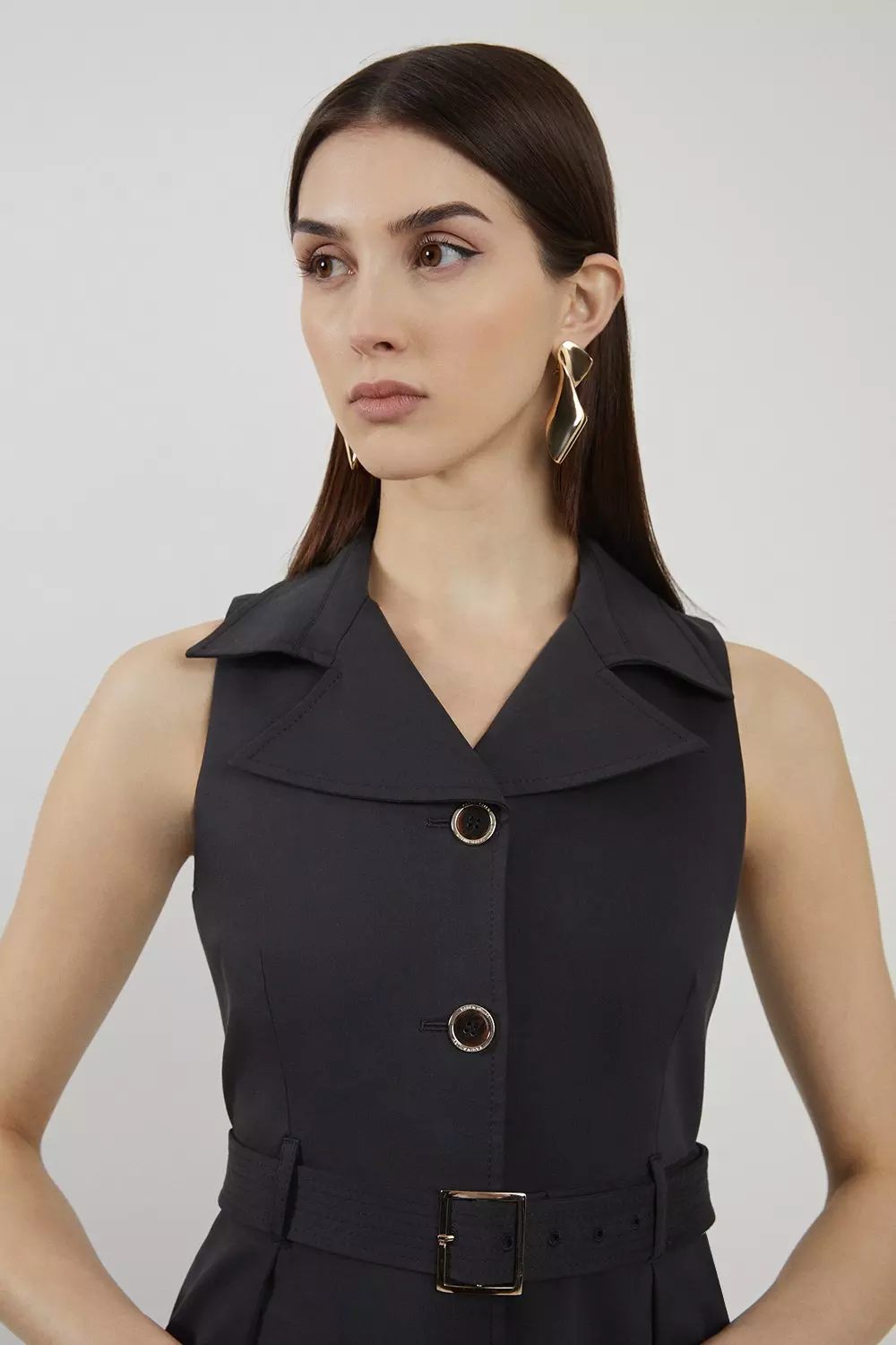 Black Petite Halter Neck Belted Full Skirted Shirt Dress alternative image
