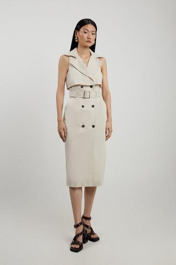 Tailored Cotton Double Breasted Storm Flap Detail Midi Shirt Dress light stone