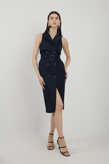 Navy Tailored Cotton Double Breasted Storm Flap Detail Midi Shirt Dress