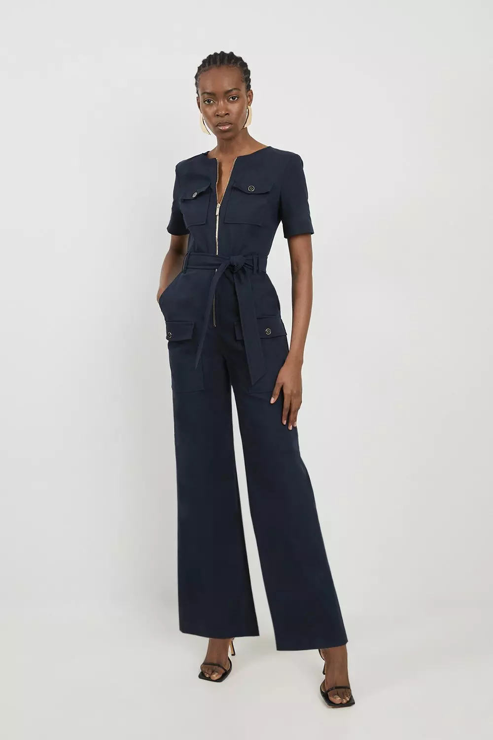 Cargo Pocket Belted Wide Leg Tailored Jumpsuit Karen Millen