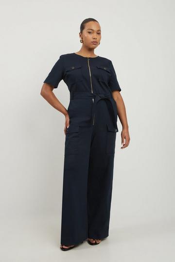 Plus Size Cargo Pocket Belted Wide Leg Tailored Jumpsuit navy