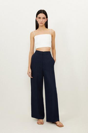 Premium Tailored Linen Mid Rise Wide Leg Trousers navy