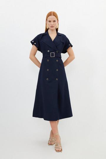 Premium Tailored Linen Viscose Double Breasted Belted Midi Shirt Dress navy