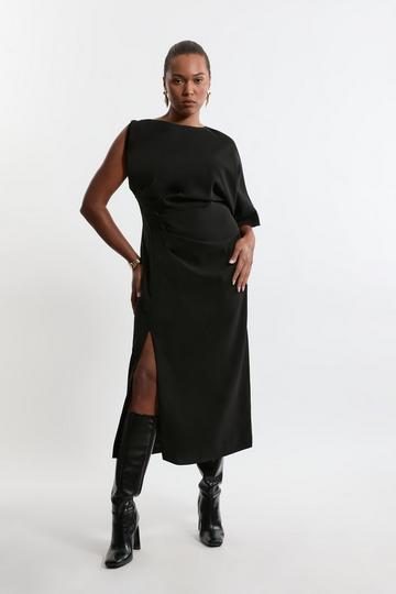 Black Plus Size Fluid Tailored Asymmetric Sleeve Maxi Dress