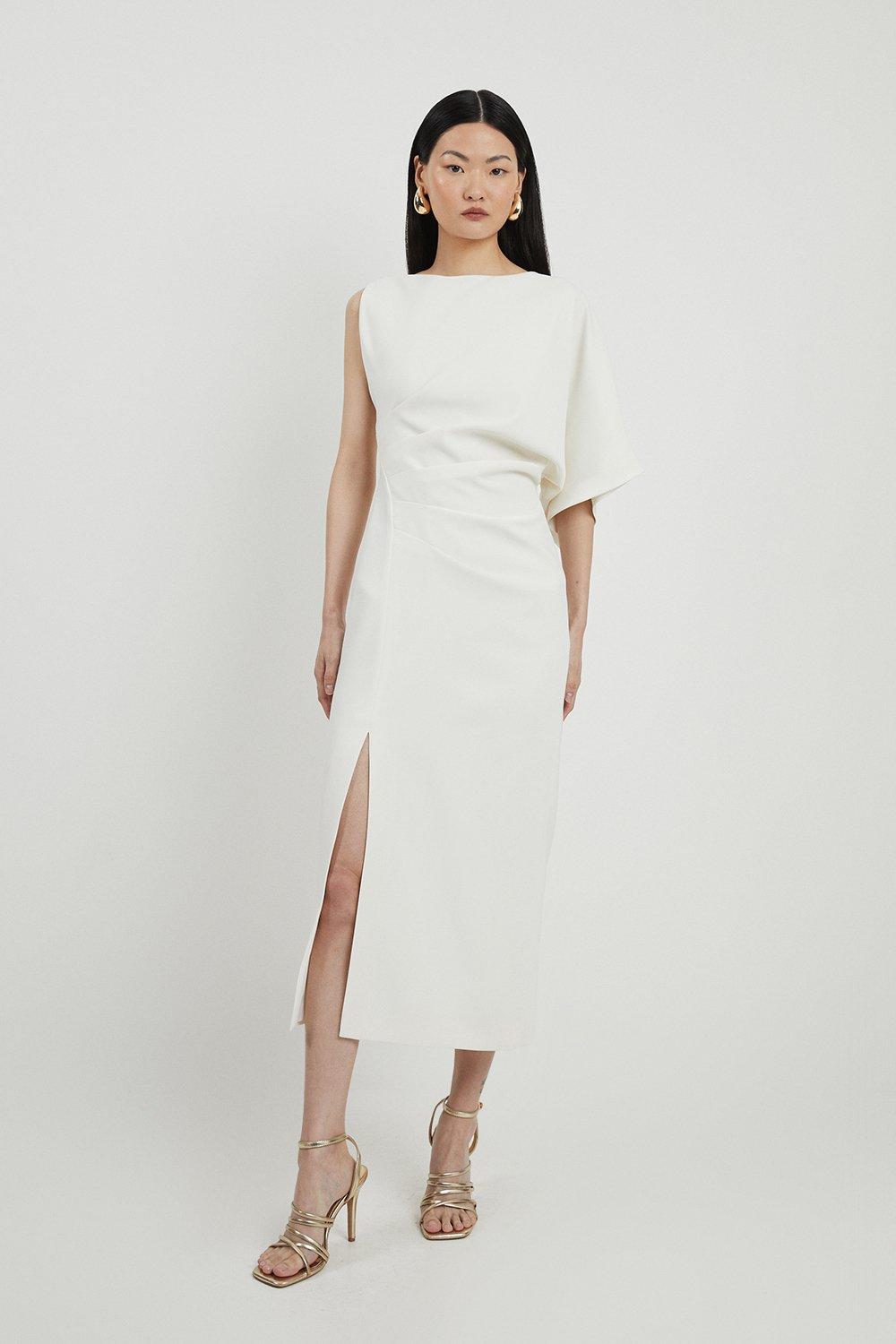 Petite Fluid Tailored Asymmetric Sleeve Midi Dress