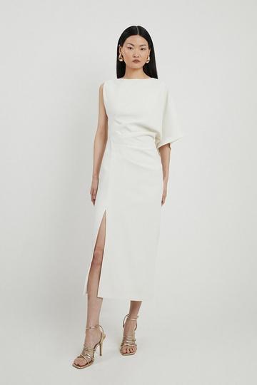 Petite Fluid Tailored Asymmetric Sleeve Midi Dress ivory