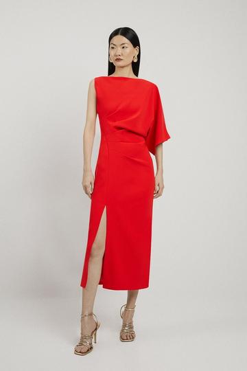 Red Petite Fluid Tailored Asymmetric Sleeve Midi Dress