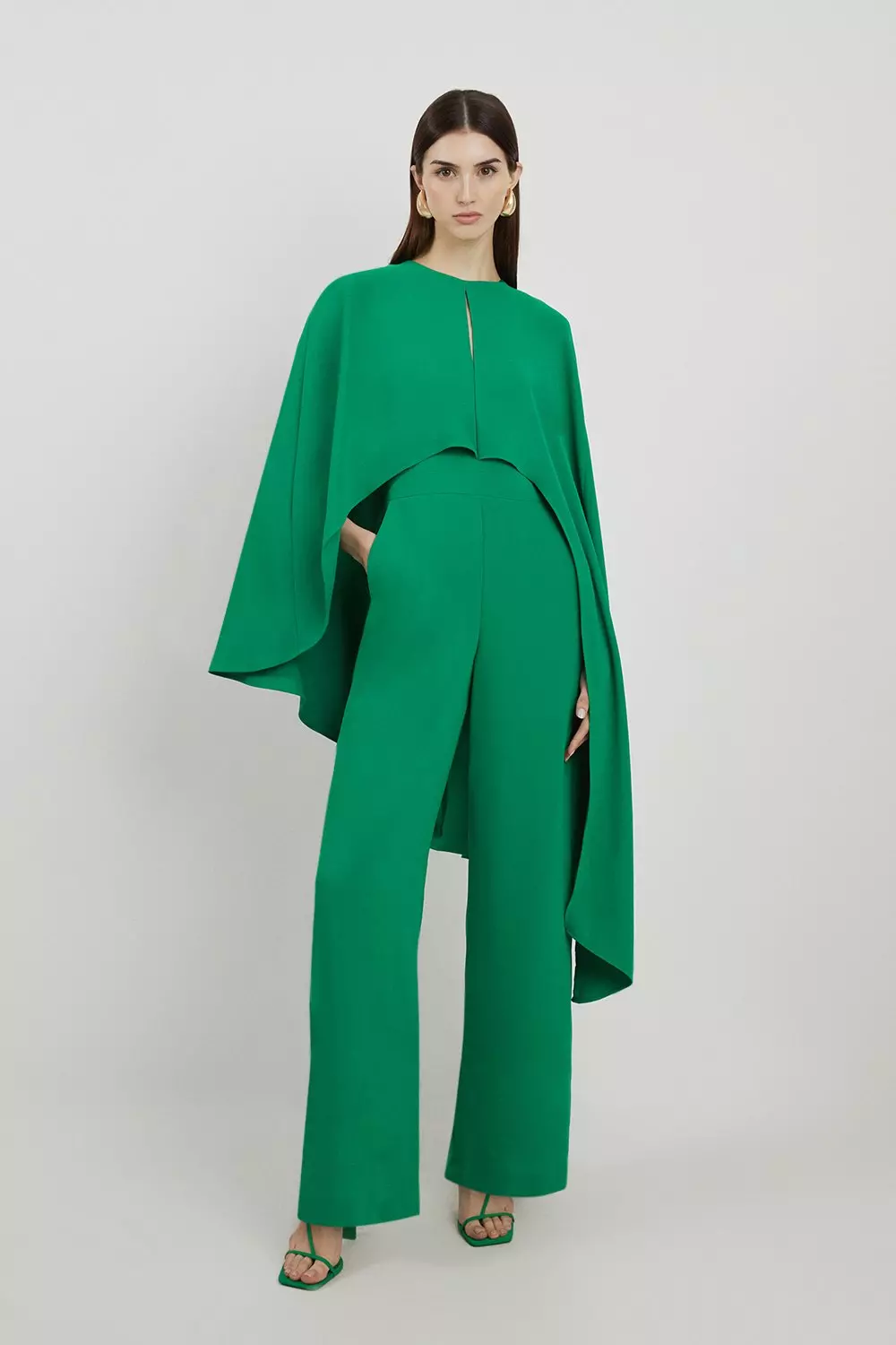 Karen Millen Womens Fluid Tailored Asymmetric Draped Cape Straight Leg Jumpsuit Green Size 2