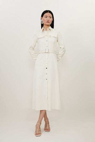 Cream White Relaxed Tailored Belted Midi Shirt Dress