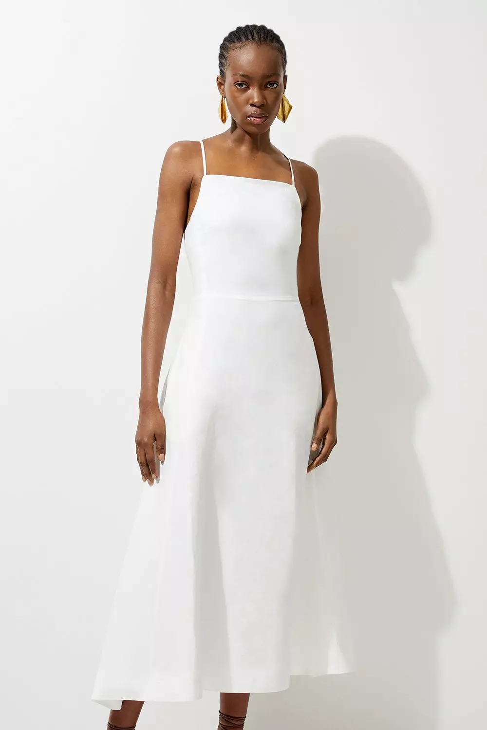 Premium Linen Tailored Halterneck Tie Back Full Skirt Midi Dress alternative image