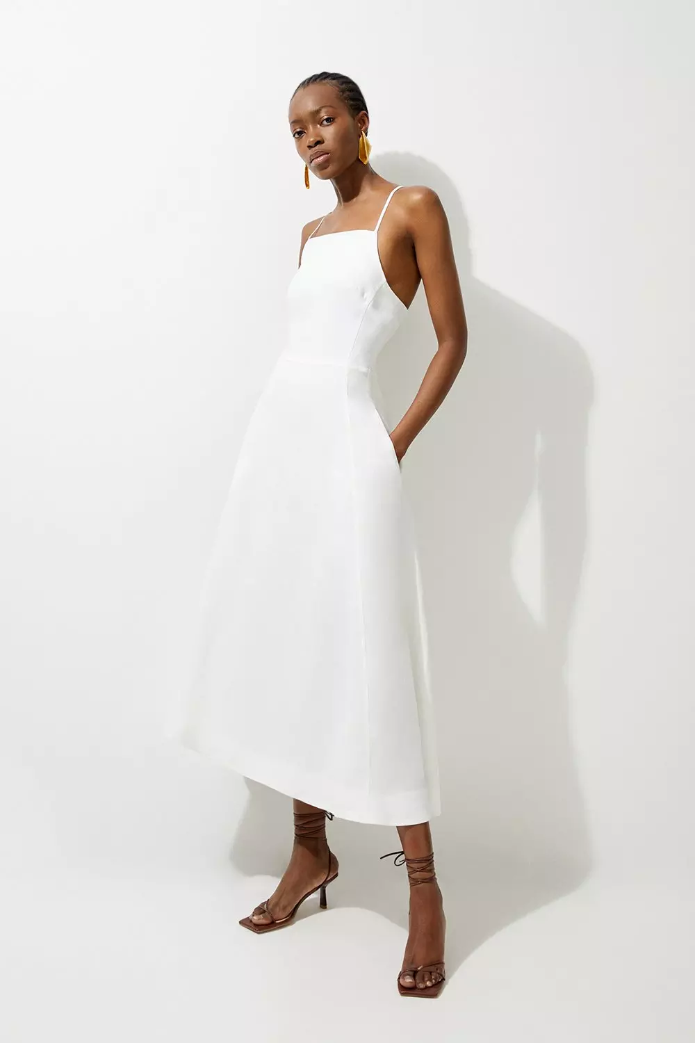 Premium Linen Tailored Halterneck Tie Back Full Skirt Midi Dress alternative image