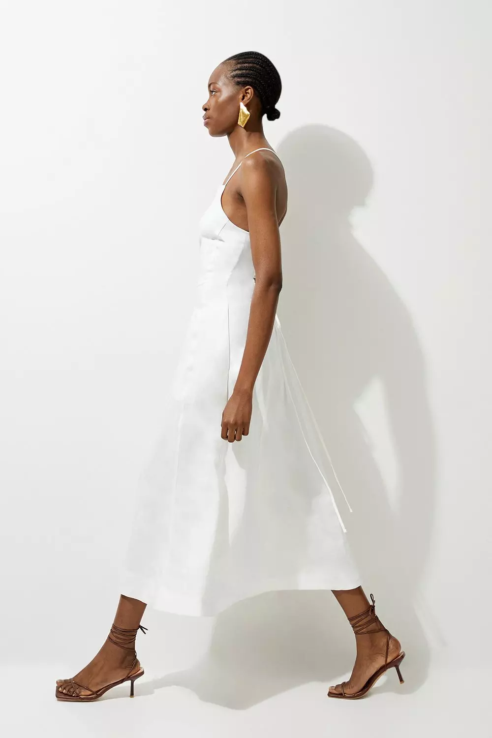 Premium Linen Tailored Halterneck Tie Back Full Skirt Midi Dress alternative image