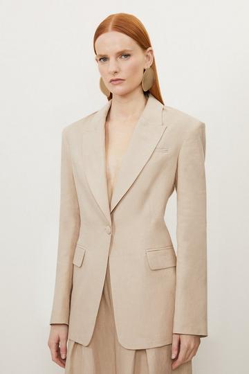 Premium Linen Tailored Single Breasted Longline Blazer neutral