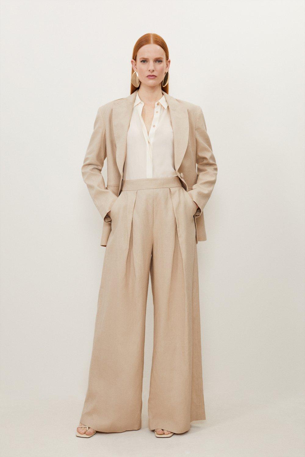 Neutral Premium Linen Tailored Pleated Wide Leg Pants