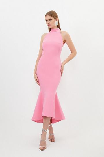 Compact Stretch Tailored High Low Midi Dress bright pink