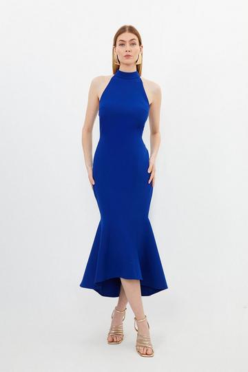 Compact Stretch Tailored High Low Midi Dress cobalt