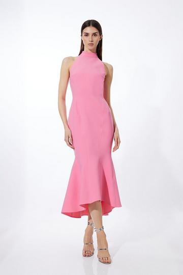 Compact Stretch Tailored High Low Midi Dress pale pink