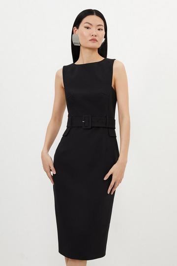 Black Compact Stretch Belted Tailored Midi Pencil Dress