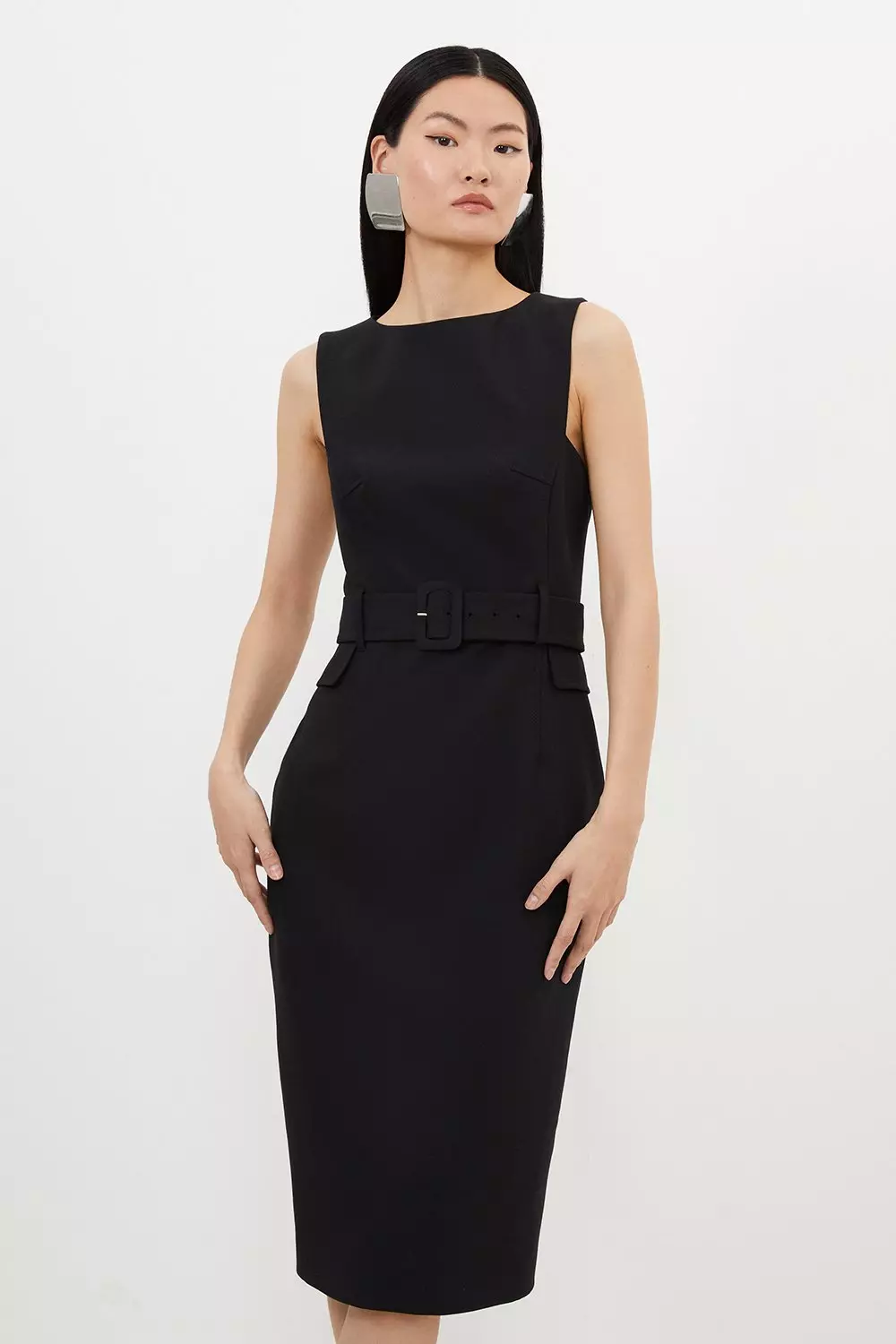 Compact Stretch Belted Tailored Midi Pencil Dress Karen Millen