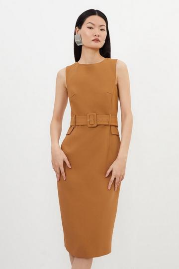 Compact Stretch Belted Tailored Midi Pencil Dress camel