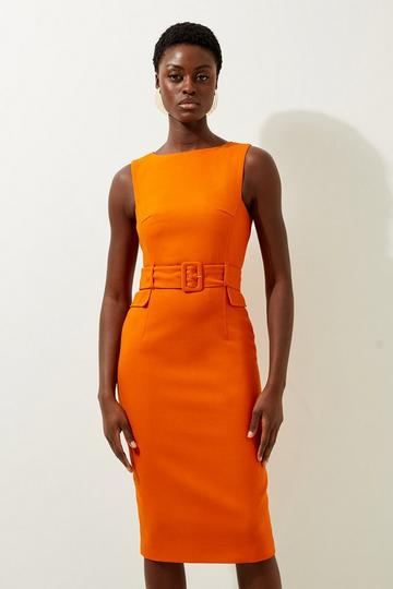 Orange Compact Stretch Belted Tailored Midi Pencil Dress