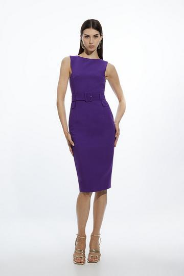 Purple Compact Stretch Belted Tailored Midi Pencil Dress