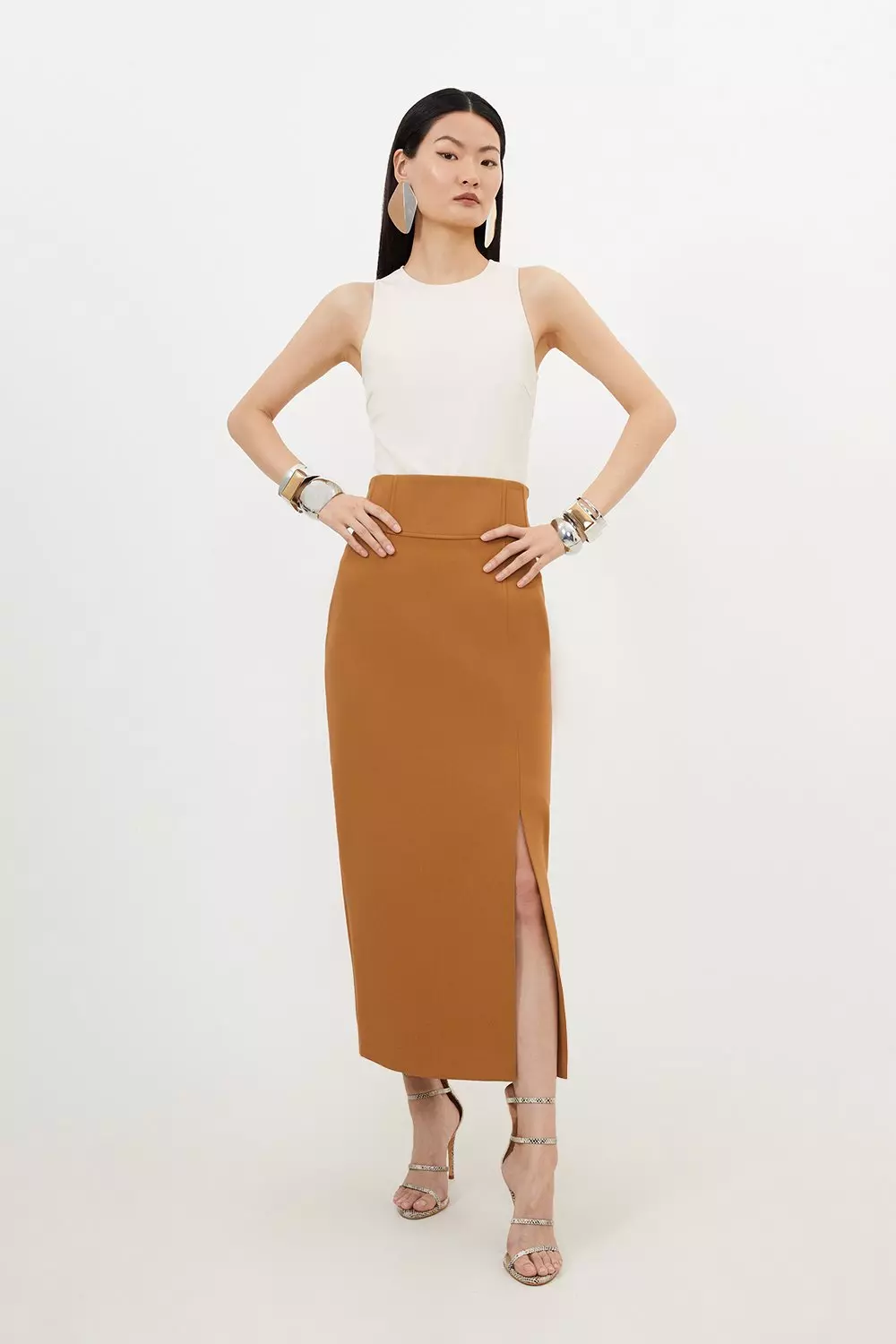 Petite Compact Stretch Side Split Tailored Midi Pencil Skirt Karen Millen